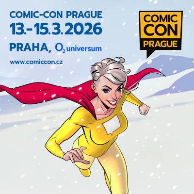 Komiksová postava od Swapik CZ na akci Comic-Con Praha O2 Universum, 14.03.26, detailní ilustrace v černobílé.