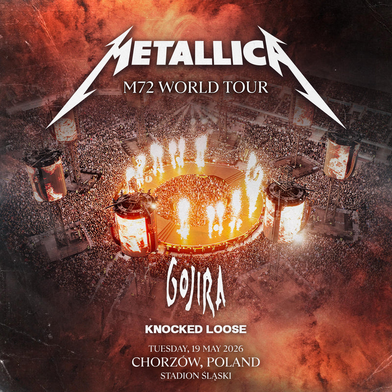 Metallica M72 World Tour Chorzów, Swapik CZ, detail koncertního plakátu nebo merchandise s metalovou tématikou.